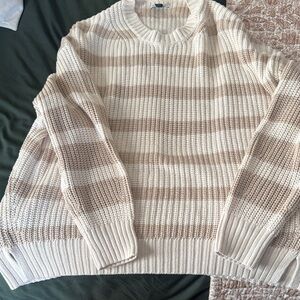 American Eagle Outfitters Beige and Cream Striped Crewneck Sweater